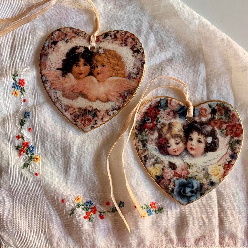 Set of 2 Vintage Bradford Exchange Victorian Heart Ornaments 1996
